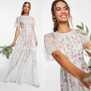 ASOS Design Bridesmaid Floral Embroidered Maxi Dress with‎ Embellishment Size 10